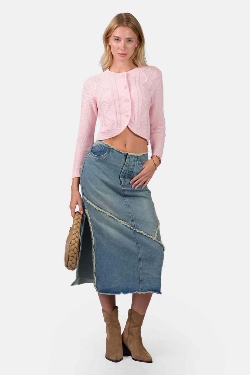 Ruzi|100% Cotton Curved Hem Knitted Crop Cardigan
