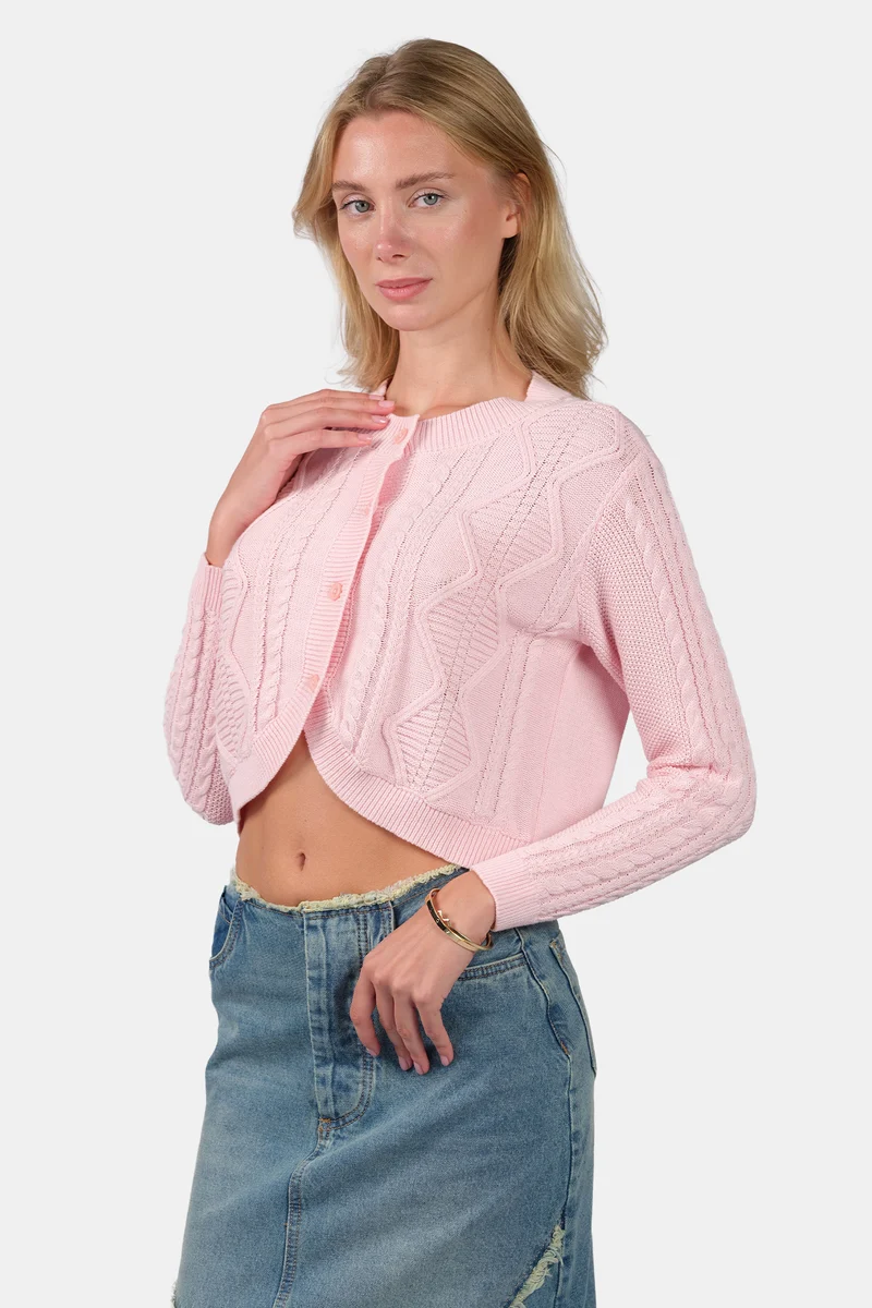 Ruzi|100% Cotton Curved Hem Knitted Crop Cardigan
