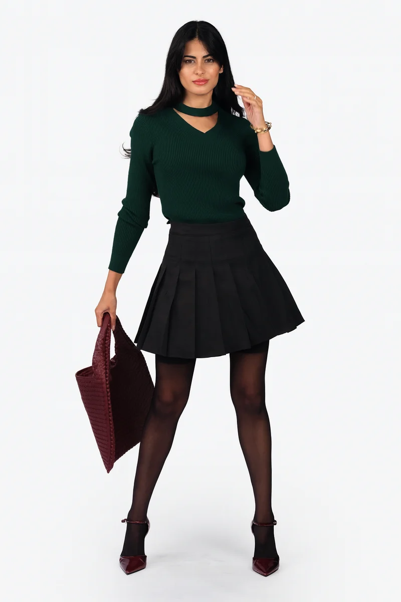 Lupo|Viscose Cut Out V Neck Full Sleeve Knit Top