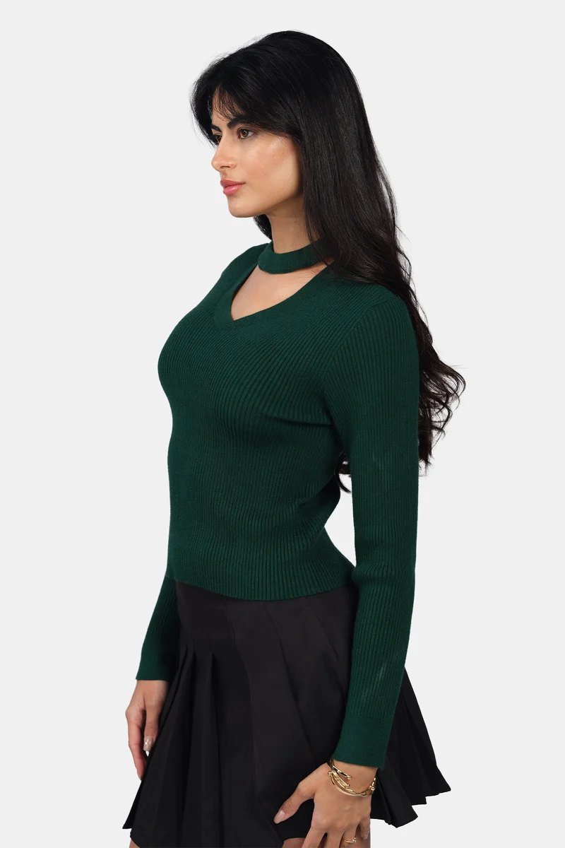 Lupo|Viscose Cut Out V Neck Full Sleeve Knit Top