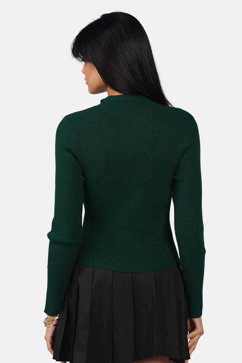Lupo|Viscose Cut Out V Neck Full Sleeve Knit Top