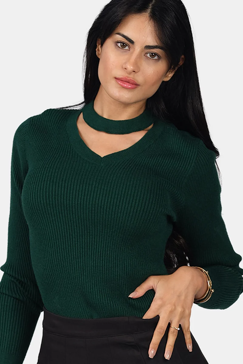 Lupo|Viscose Cut Out V Neck Full Sleeve Knit Top