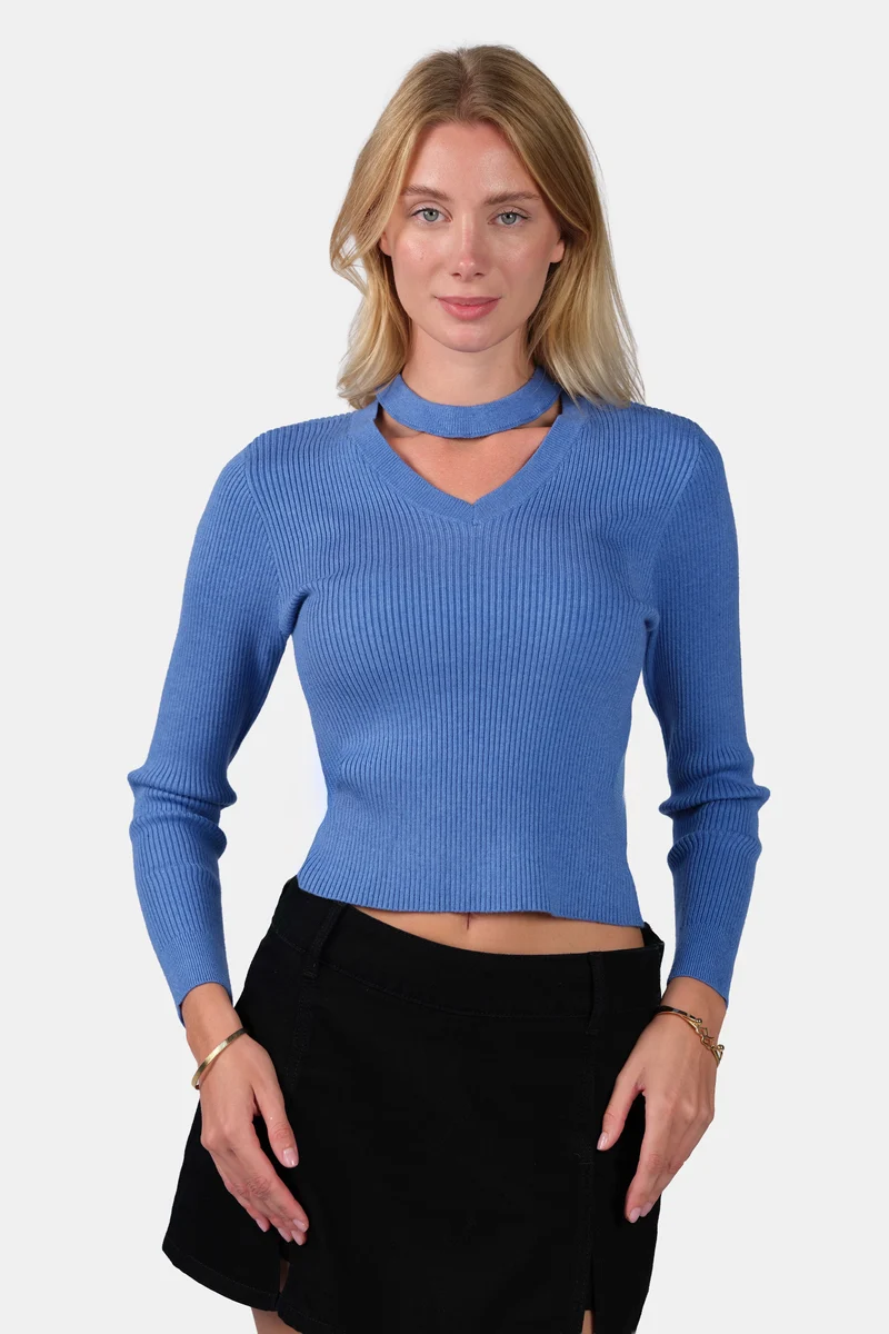 Fily|Viscose Cut Out V Neck Full Sleeve Knit Top