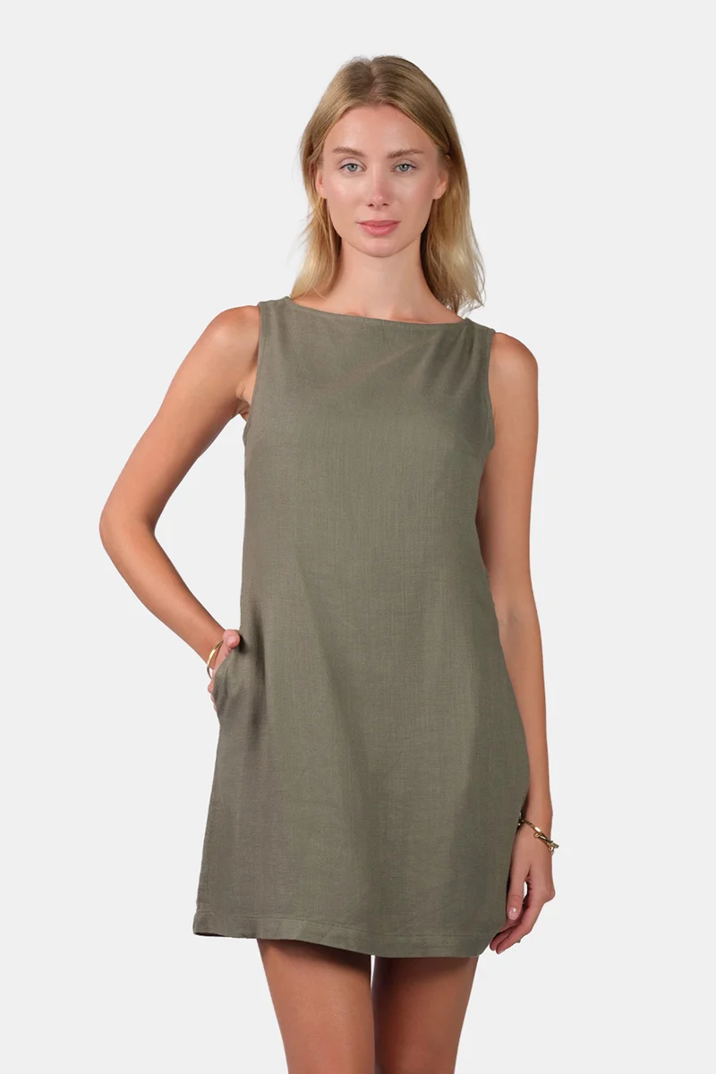 Elva|Linen Boat Neck Mini Shift Dress