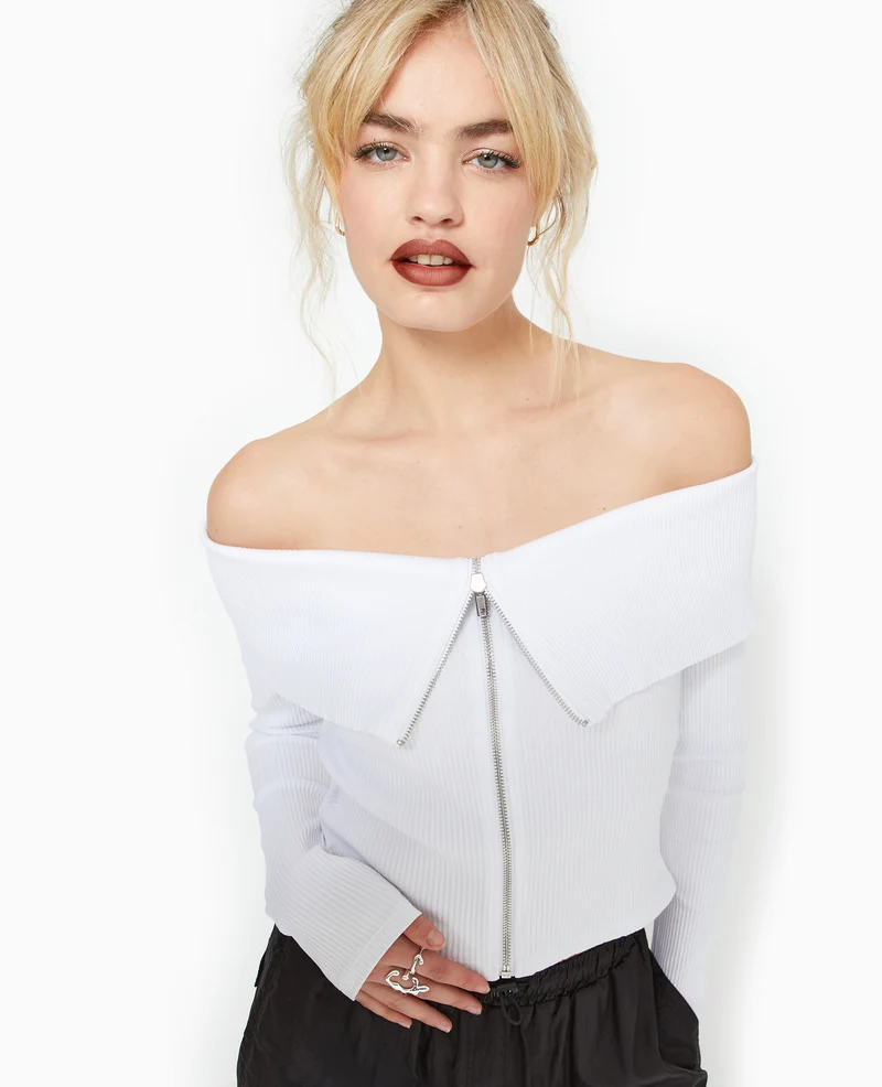 Top zippé encolure Bardot
