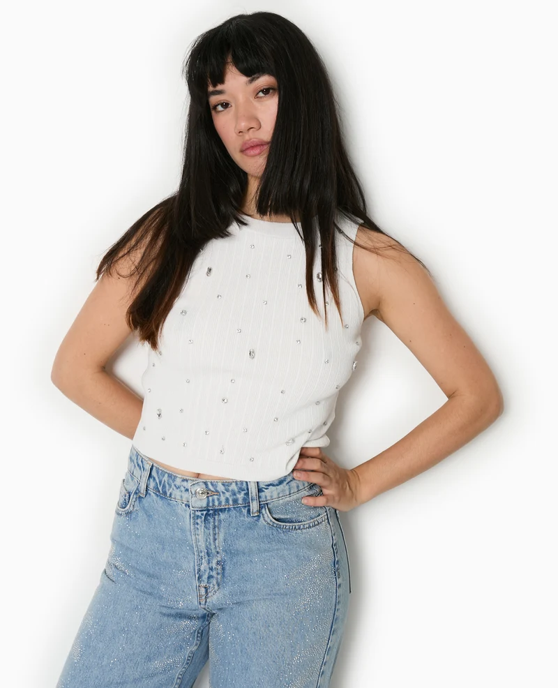 Top sans manches en maille avec strass