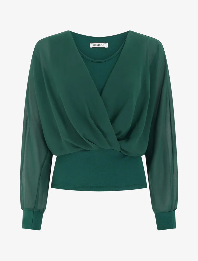 Top à manches style chauve-souris et pans cache-coeur - Vert foncé