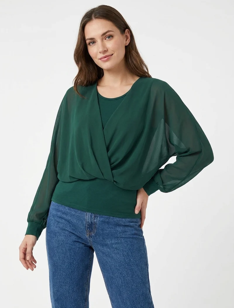 Top à manches style chauve-souris et pans cache-coeur - Vert foncé