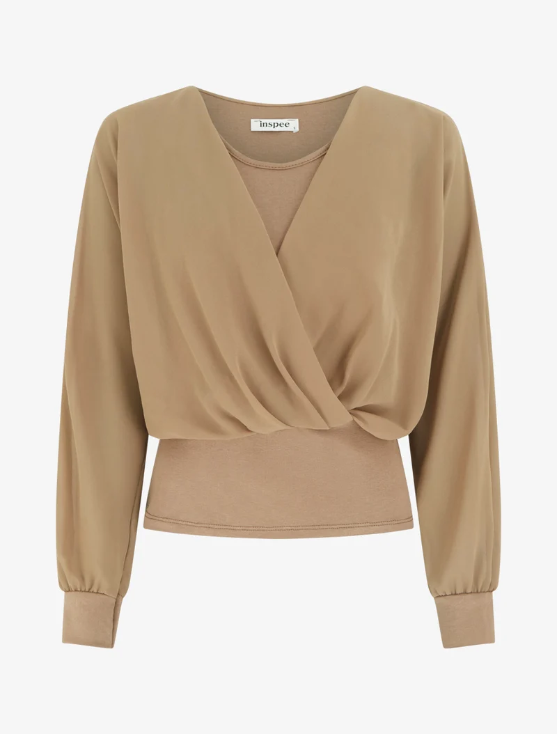 Top à manches style chauve-souris et pans cache-coeur - Beige foncé