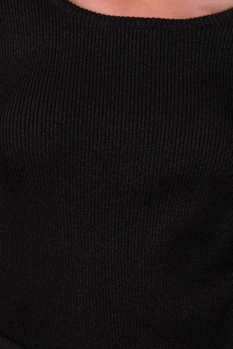 Amia|Viscose Shimmer Knit Top With Black Tie-Up