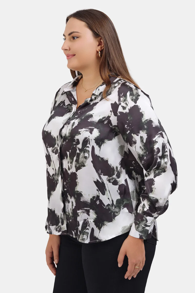 Merve|Satin Floral Printed Shirt