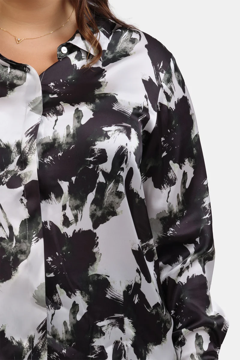 Merve|Satin Floral Printed Shirt