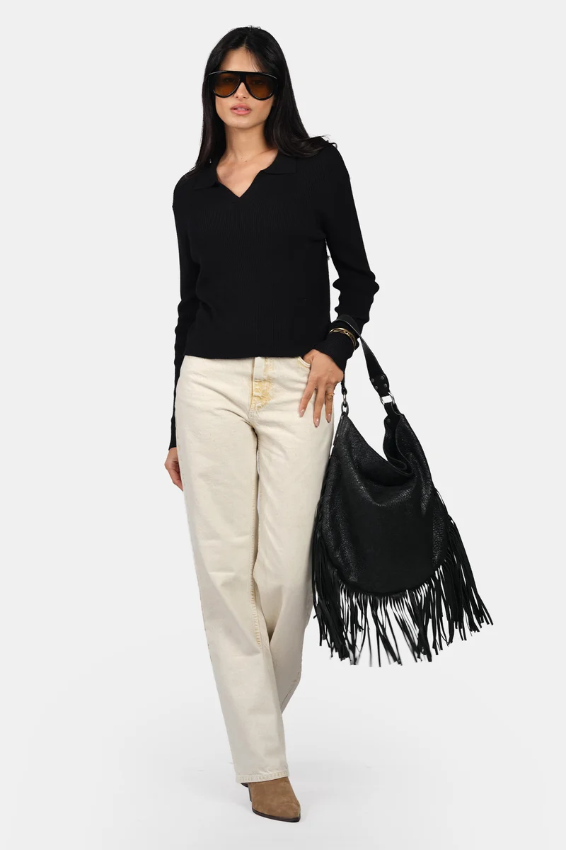 Nela|Viscose Johnny Collar Full Sleeve Knit Top