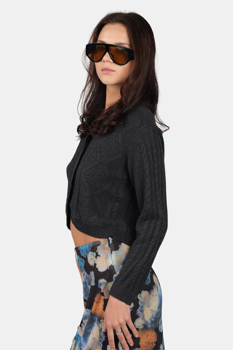 Ruza|100% Cotton Curved Hem Knitted Crop Cardigan