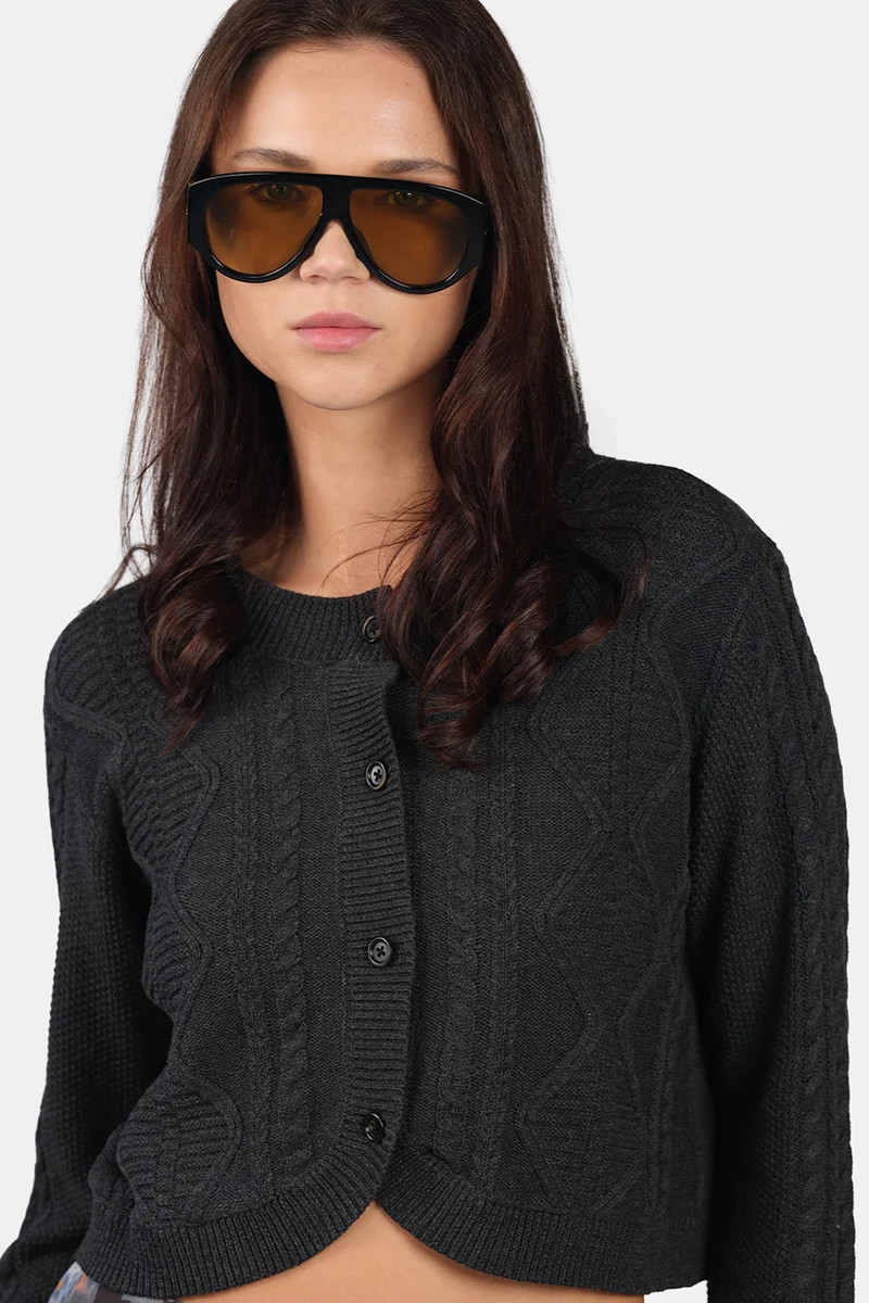 Ruza|100% Cotton Curved Hem Knitted Crop Cardigan