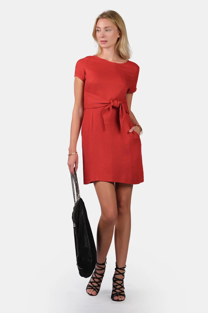 Nikiae|Linen Mini Shift Dress With Front Tie-Up