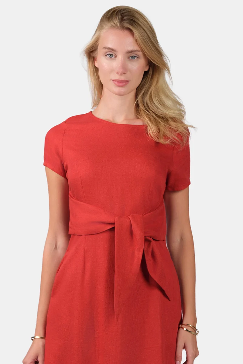 Nikiae|Linen Mini Shift Dress With Front Tie-Up