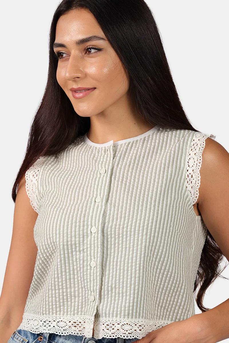 Nola|Cotton Crew Neck Lace Shirt