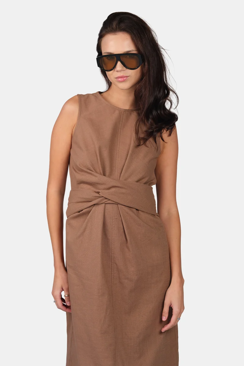 Ekina|Linen Tie-Front Midi Dress