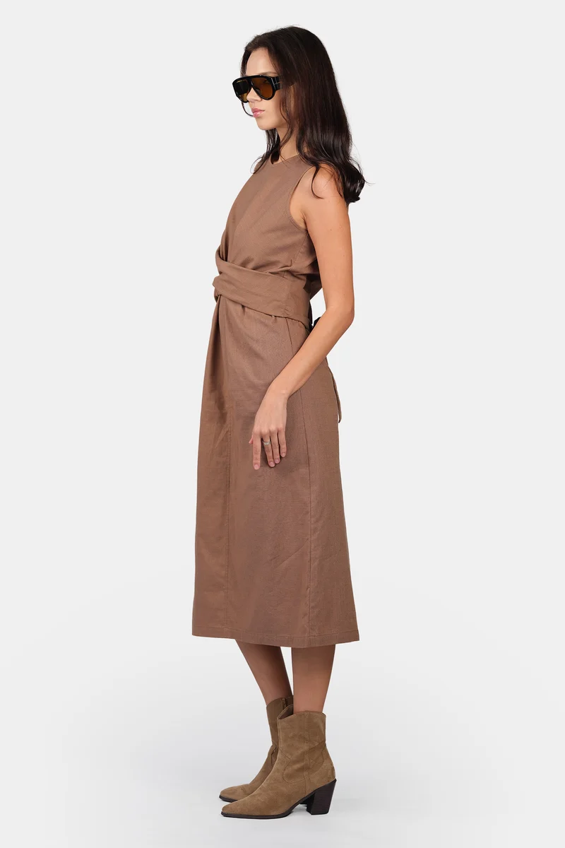 Ekina|Linen Tie-Front Midi Dress