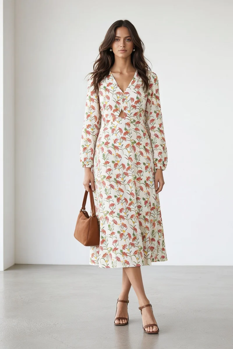 Liri|100% Viscose Bishop Sleeve Print Dress