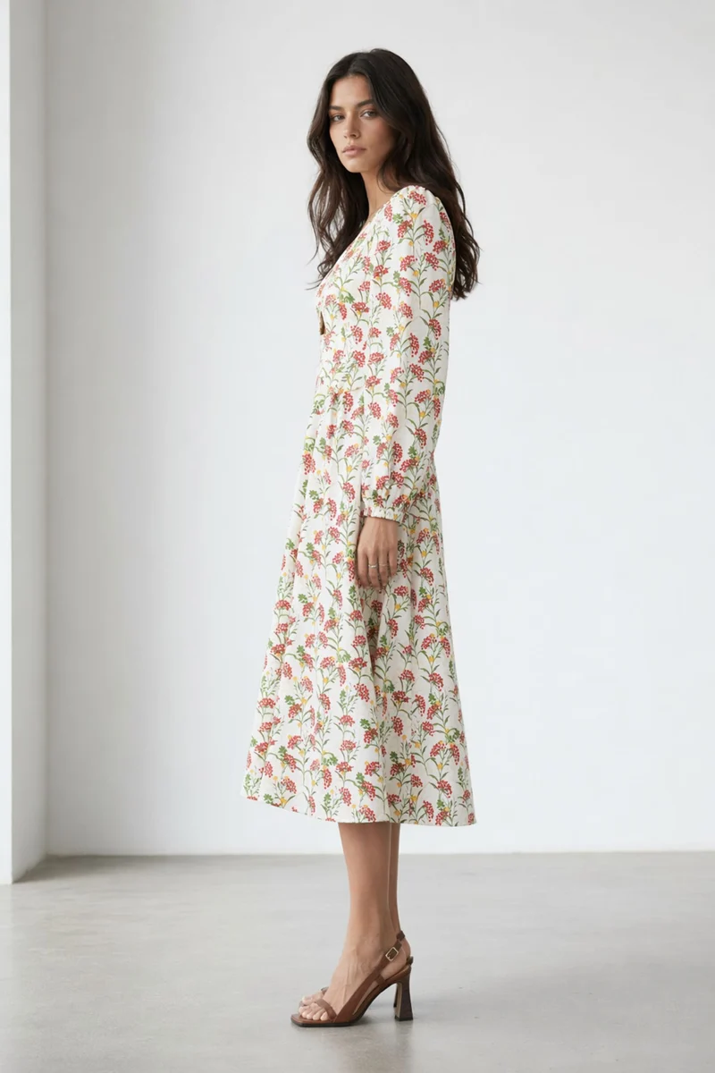Liri|100% Viscose Bishop Sleeve Print Dress