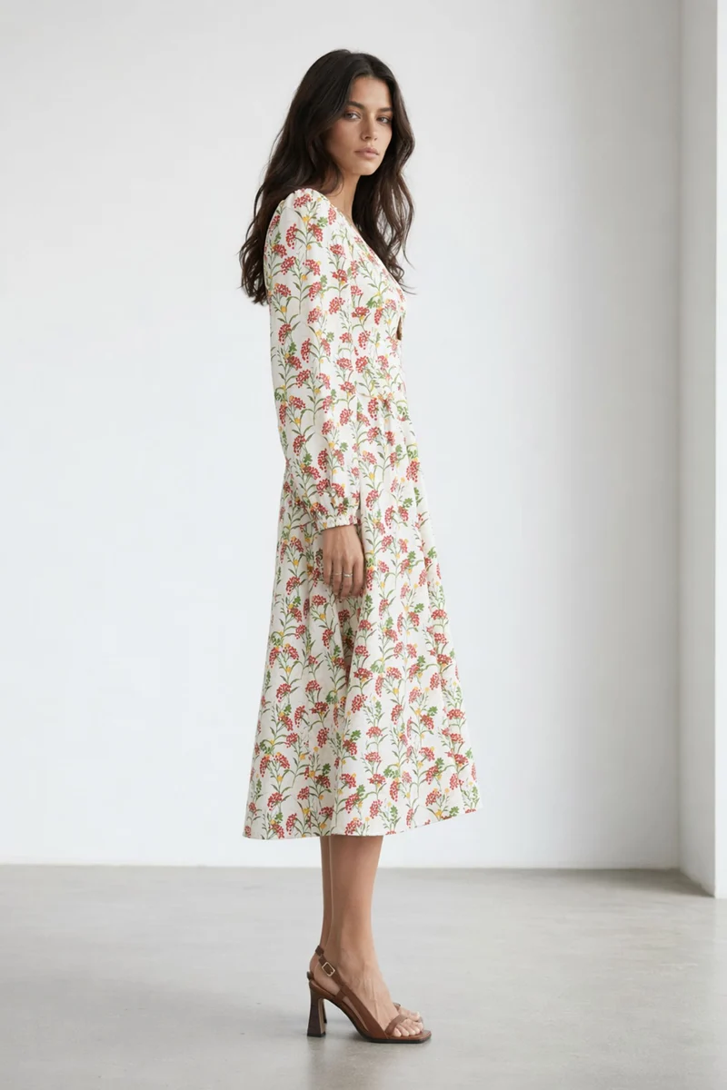 Liri|100% Viscose Bishop Sleeve Print Dress