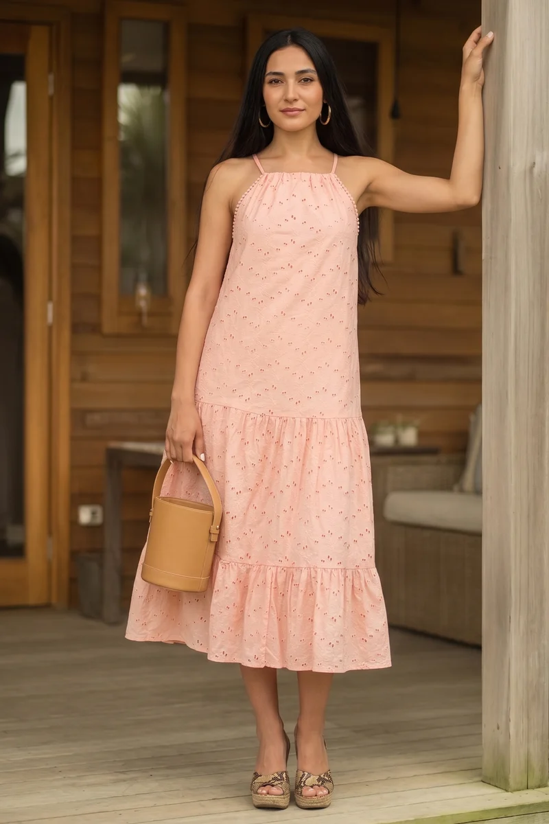 Sataara|100% Cotton Schiffli Halter Maxi Dress