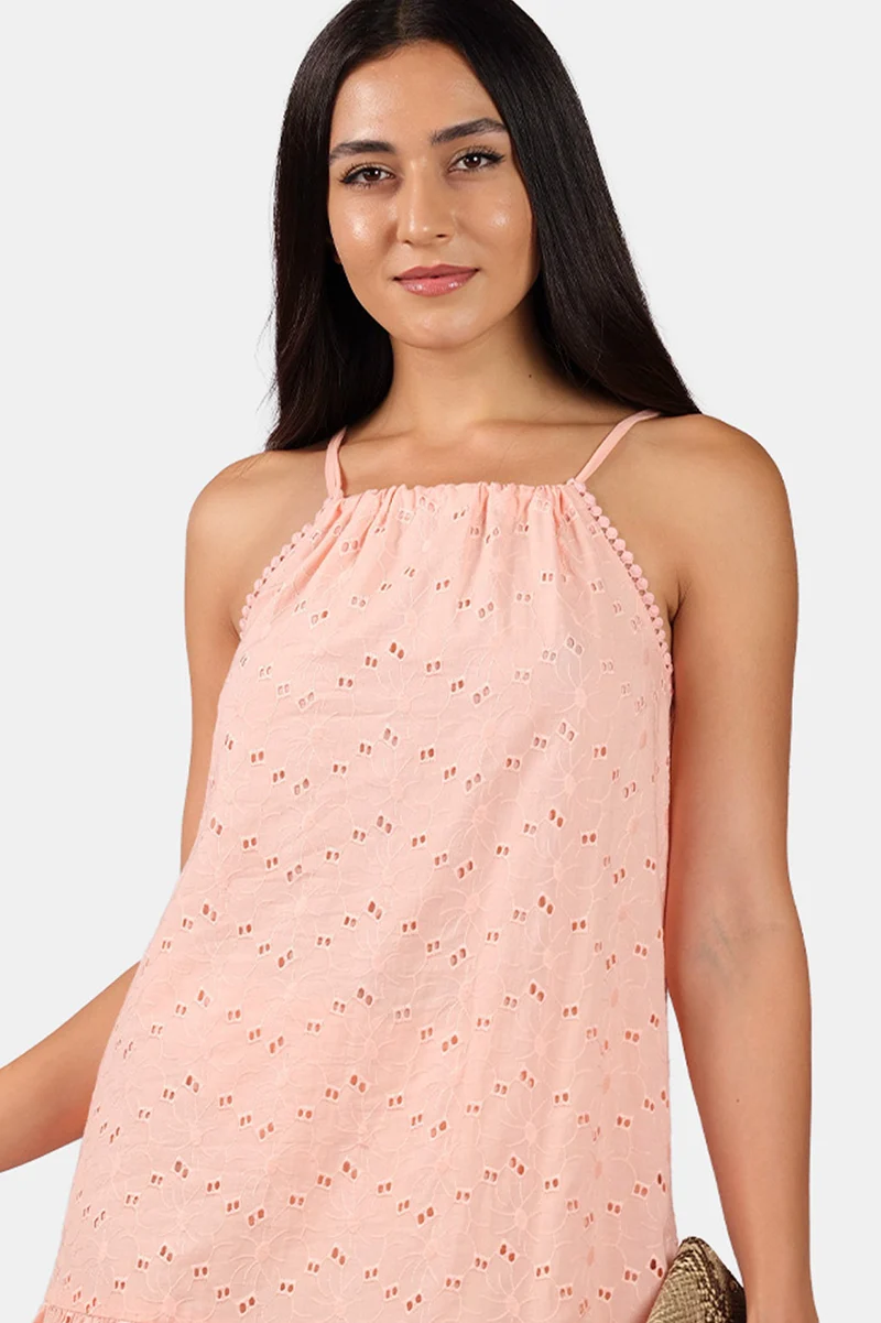 Sataara|100% Cotton Schiffli Halter Maxi Dress