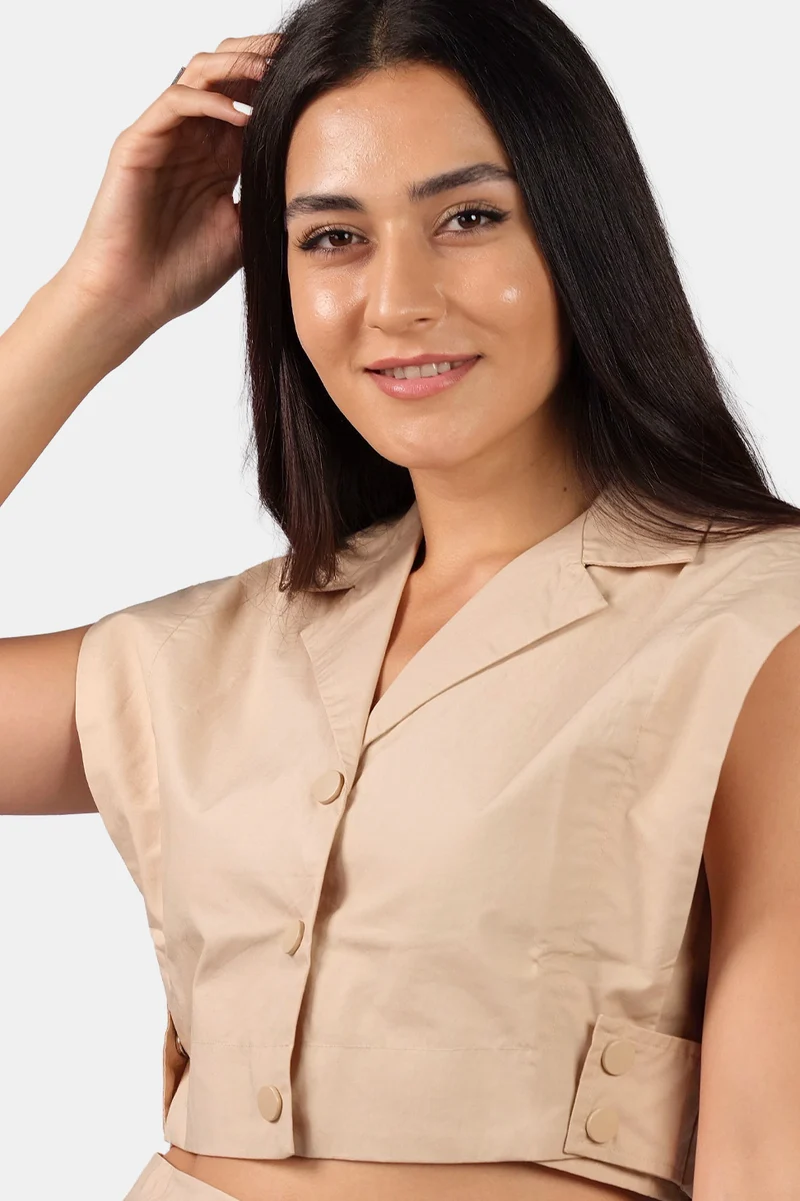 Bennie|100% Cotton Popper Detail Cropped Vest
