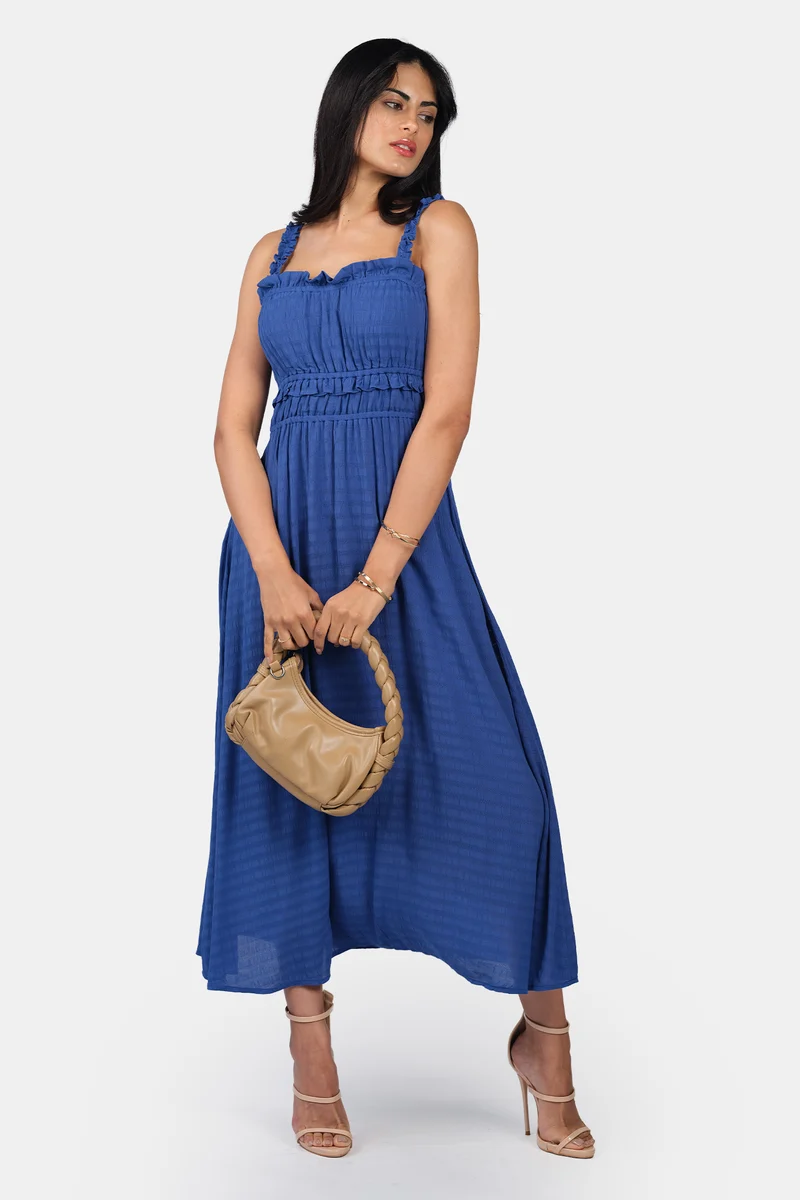 Oria|100% Viscose Ruched Ruffle Midi Dress
