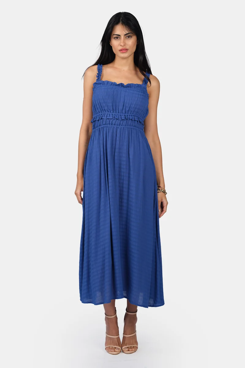 Oria|100% Viscose Ruched Ruffle Midi Dress