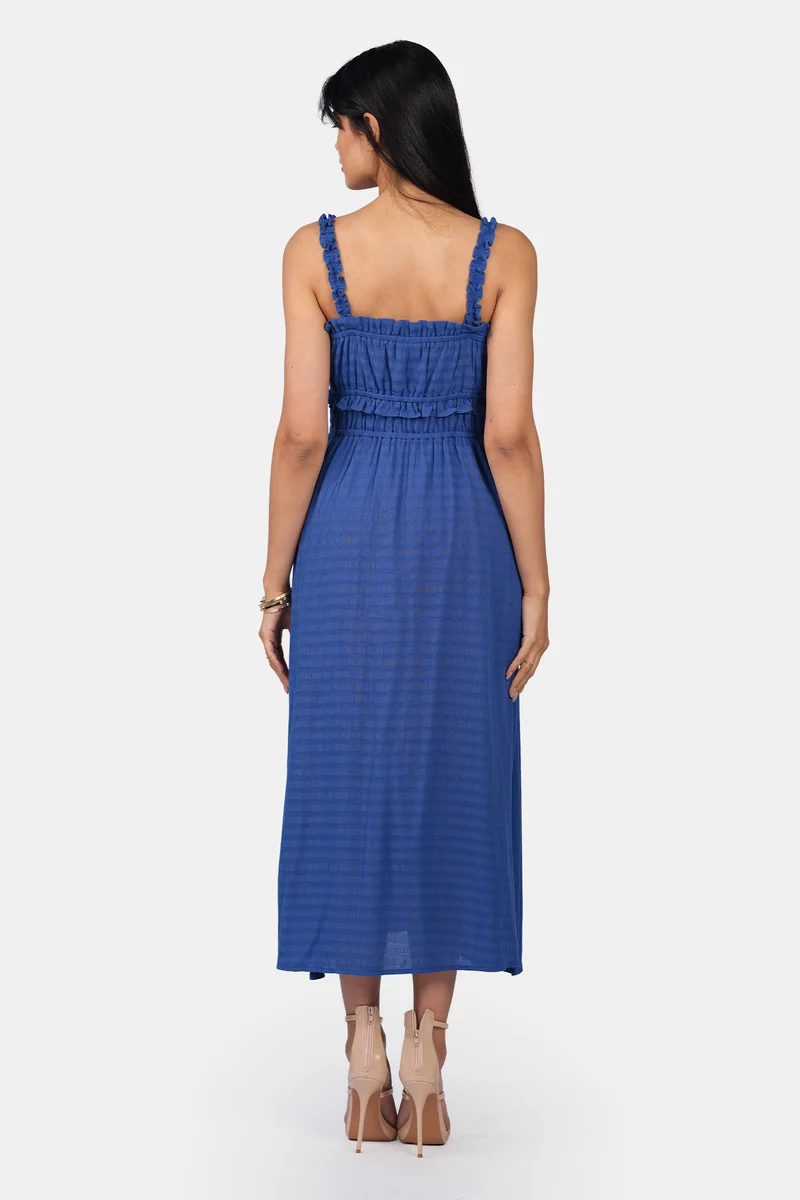 Oria|100% Viscose Ruched Ruffle Midi Dress