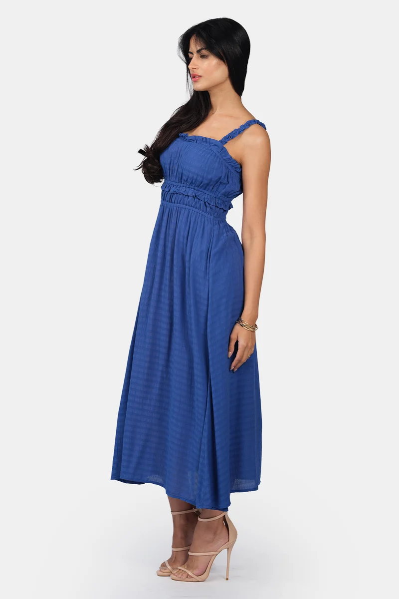 Oria|100% Viscose Ruched Ruffle Midi Dress