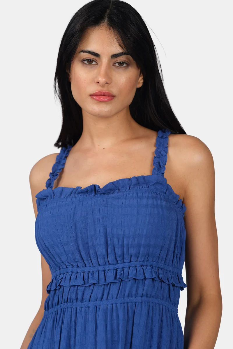 Oria|100% Viscose Ruched Ruffle Midi Dress