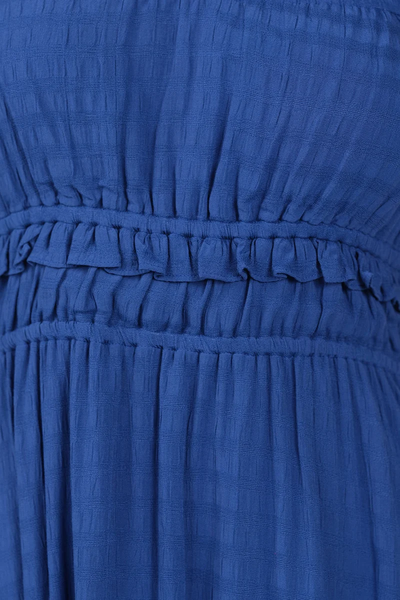 Oria|100% Viscose Ruched Ruffle Midi Dress