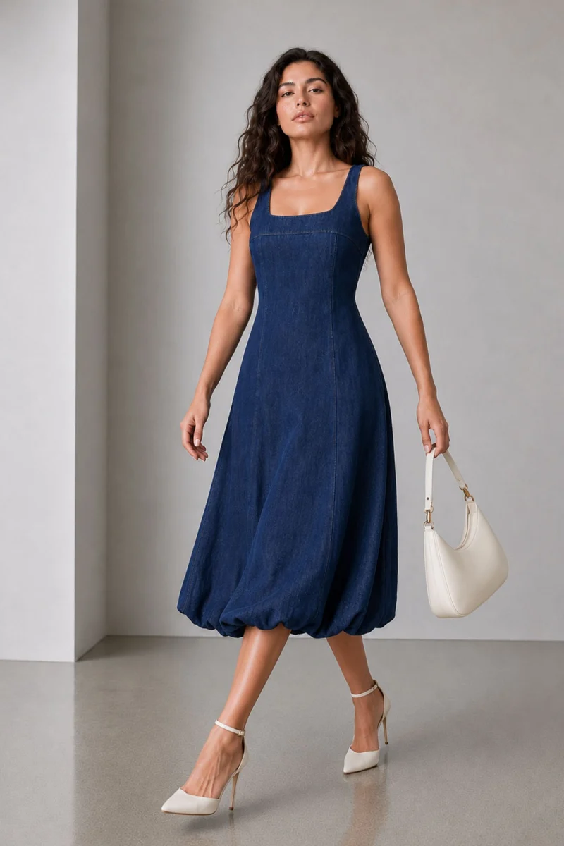 Tovani|100% Cotton Denim Midi Dress With Bubble Hem