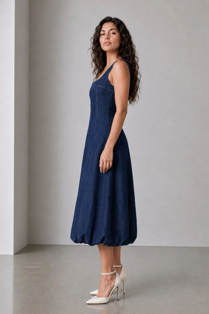 Tovani|100% Cotton Denim Midi Dress With Bubble Hem