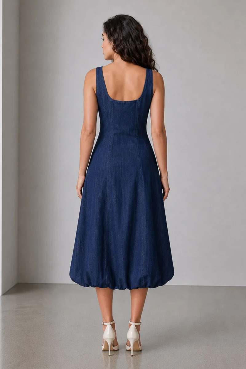Tovani|100% Cotton Denim Midi Dress With Bubble Hem