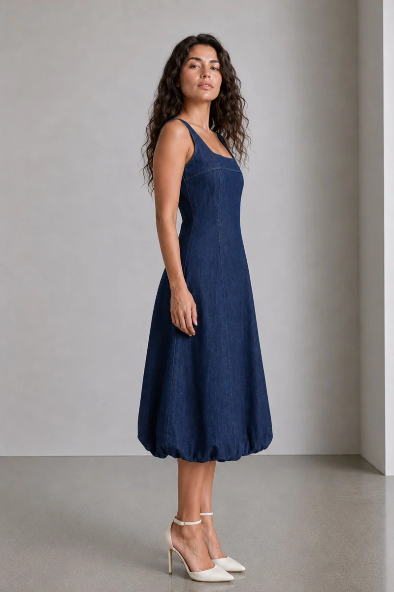 Tovani|100% Cotton Denim Midi Dress With Bubble Hem