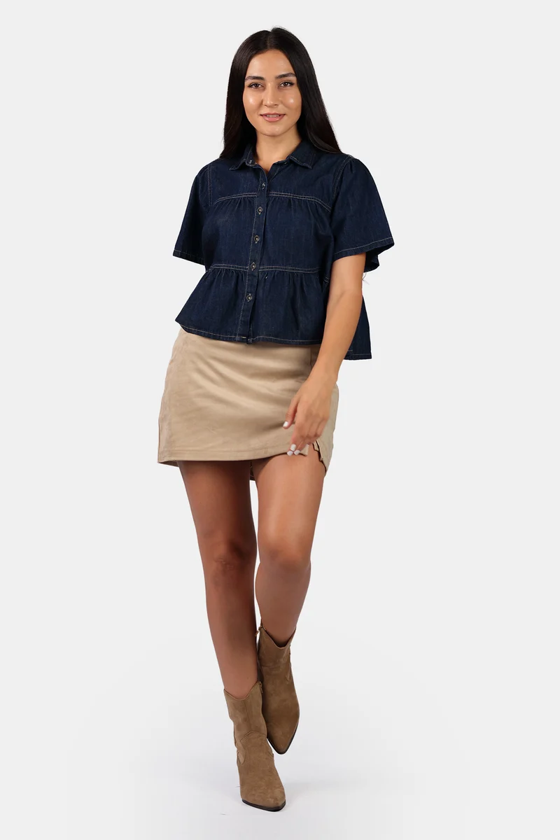Gema|100% Cotton Tiered Cropped Denim Shirt