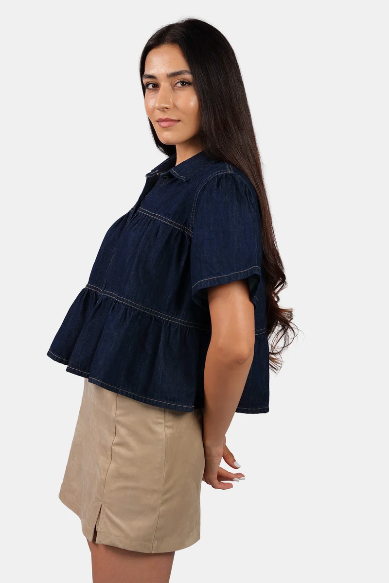 Gema|100% Cotton Tiered Cropped Denim Shirt