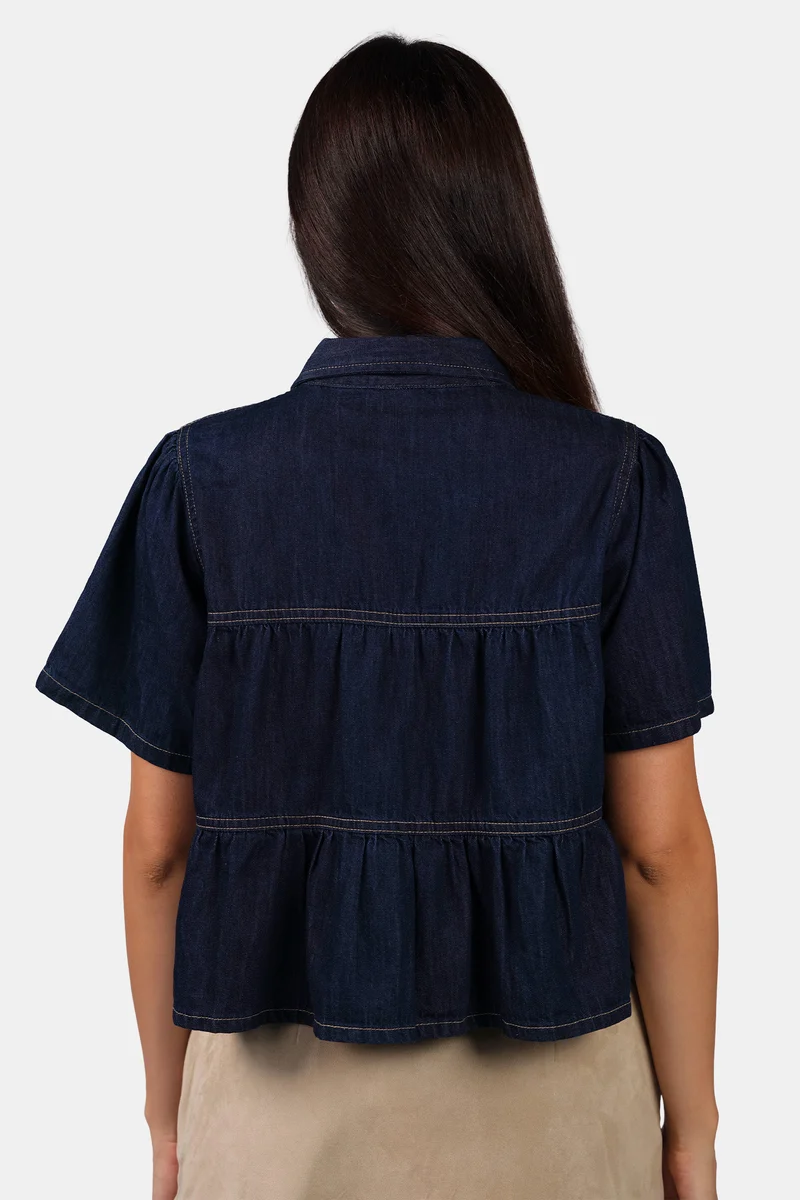 Gema|100% Cotton Tiered Cropped Denim Shirt