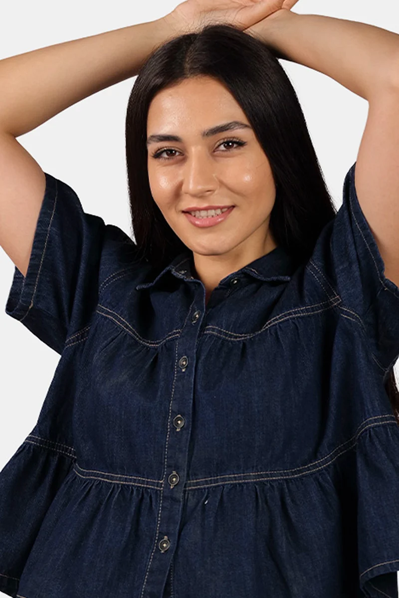 Gema|100% Cotton Tiered Cropped Denim Shirt