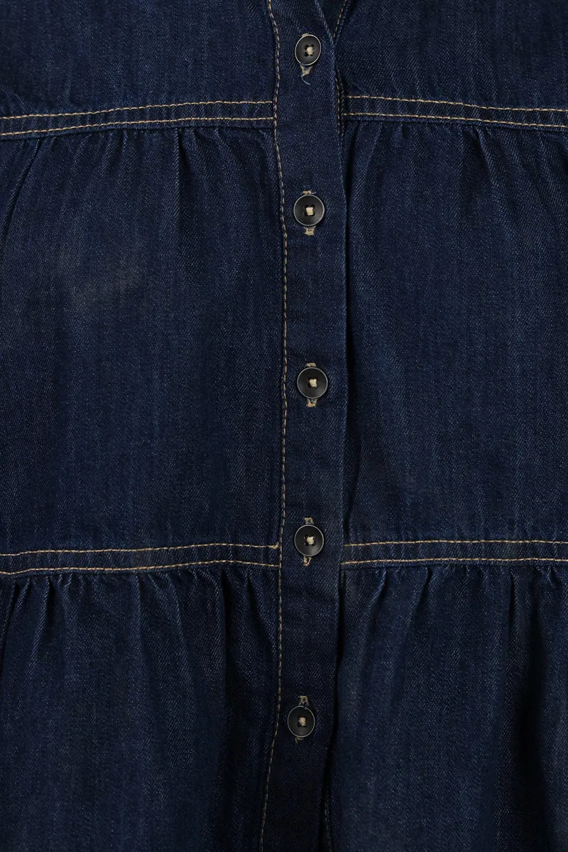 Gema|100% Cotton Tiered Cropped Denim Shirt