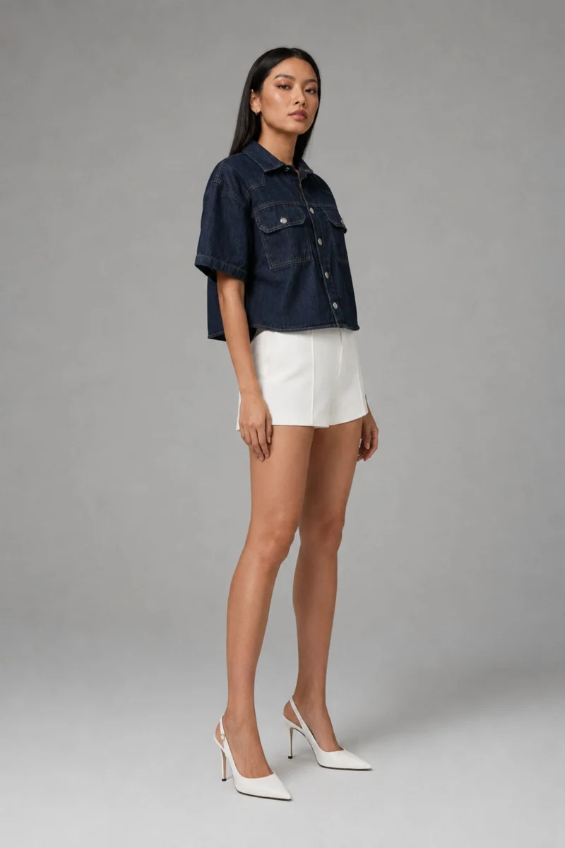 Fira|100% Cotton Boxy Cropped Denim Shirt