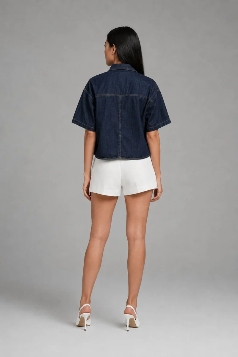 Fira|100% Cotton Boxy Cropped Denim Shirt