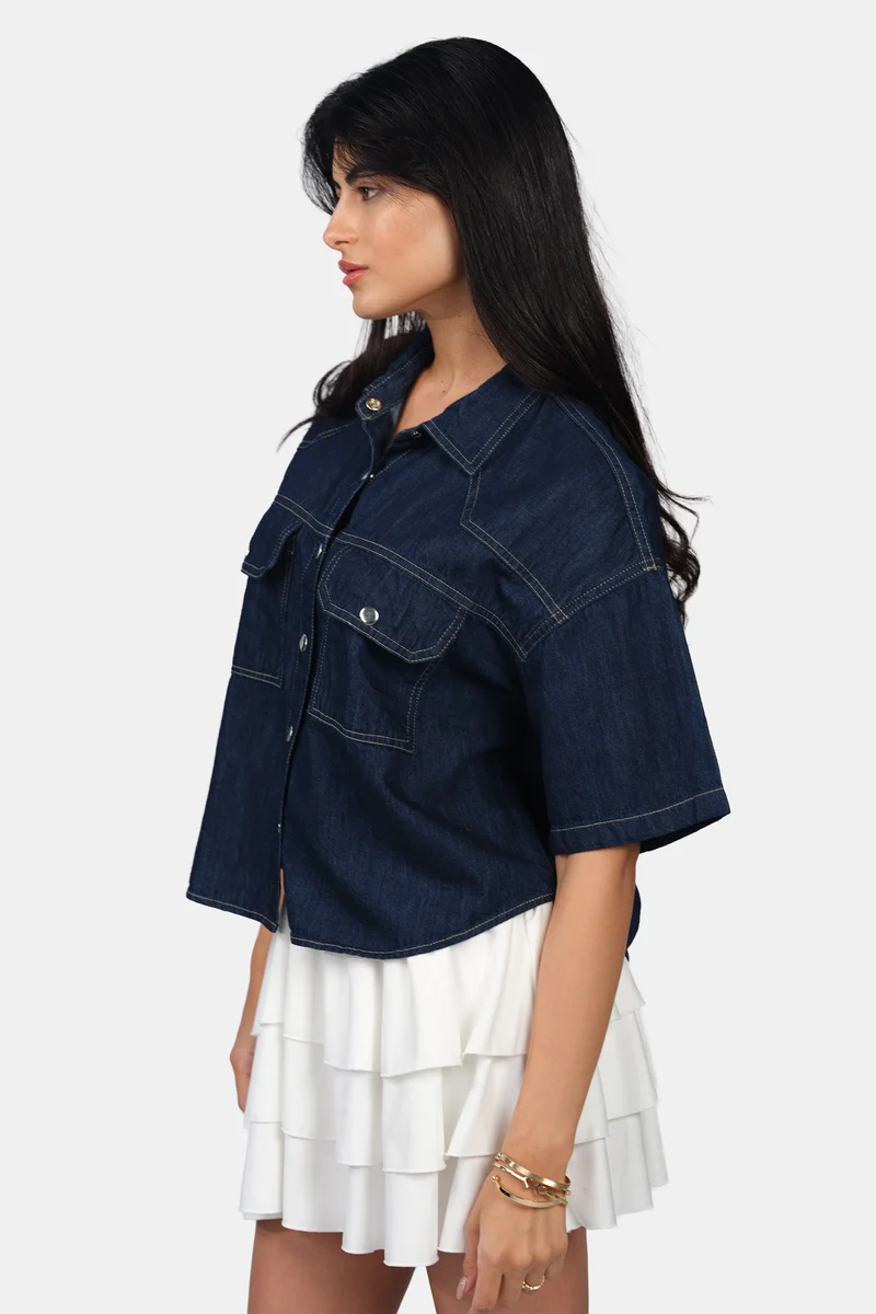 Zola|100% Cotton Boxy Cropped Denim Shirt