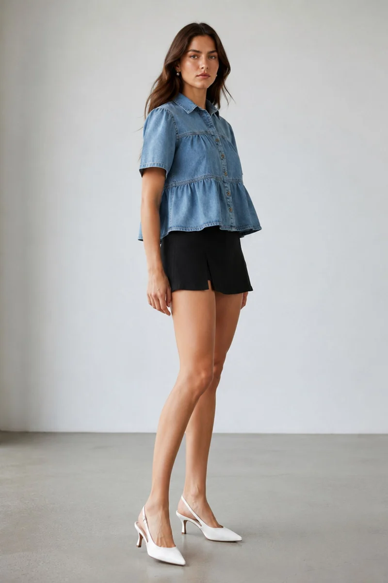 Nara|100% Cotton Tiered Cropped Denim Shirt