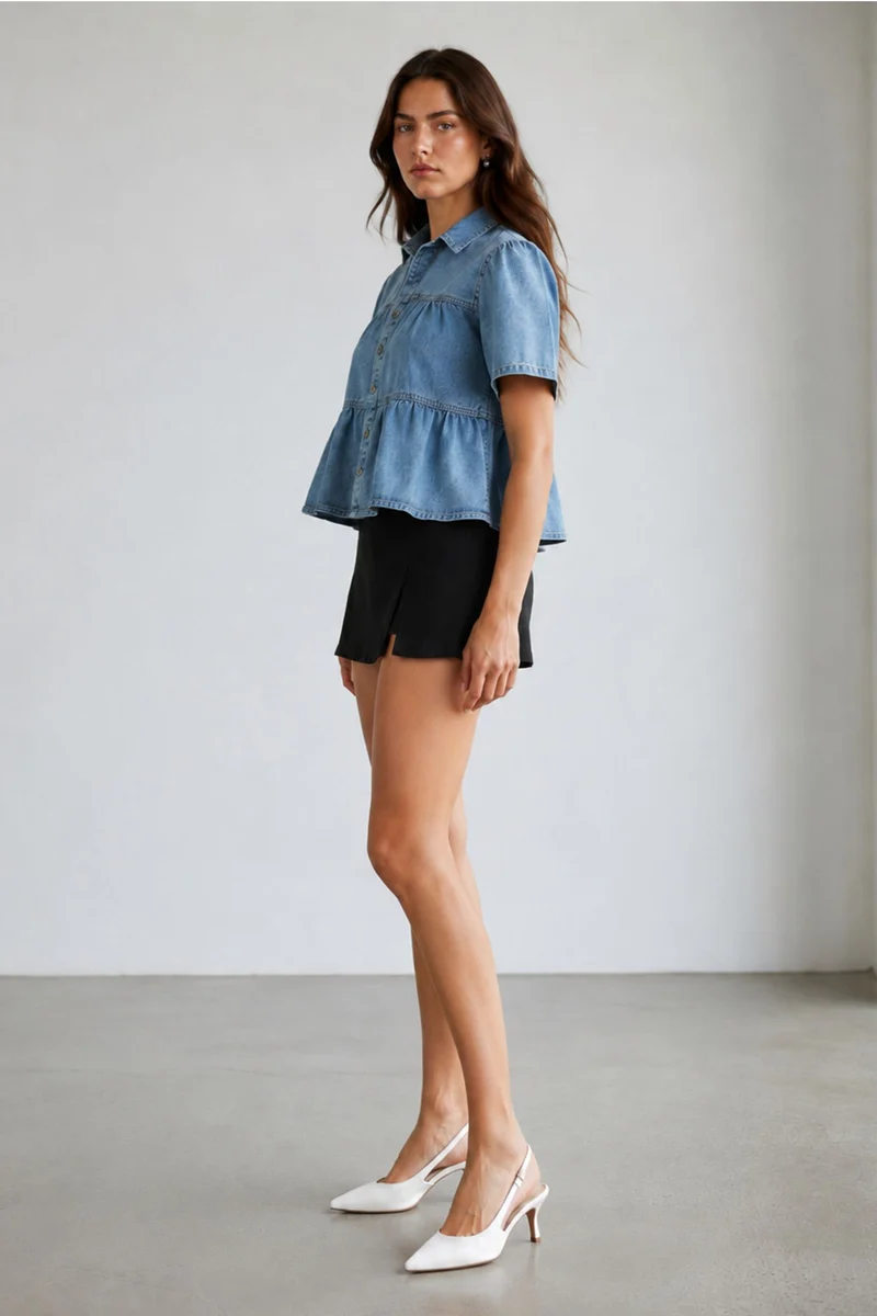 Nara|100% Cotton Tiered Cropped Denim Shirt